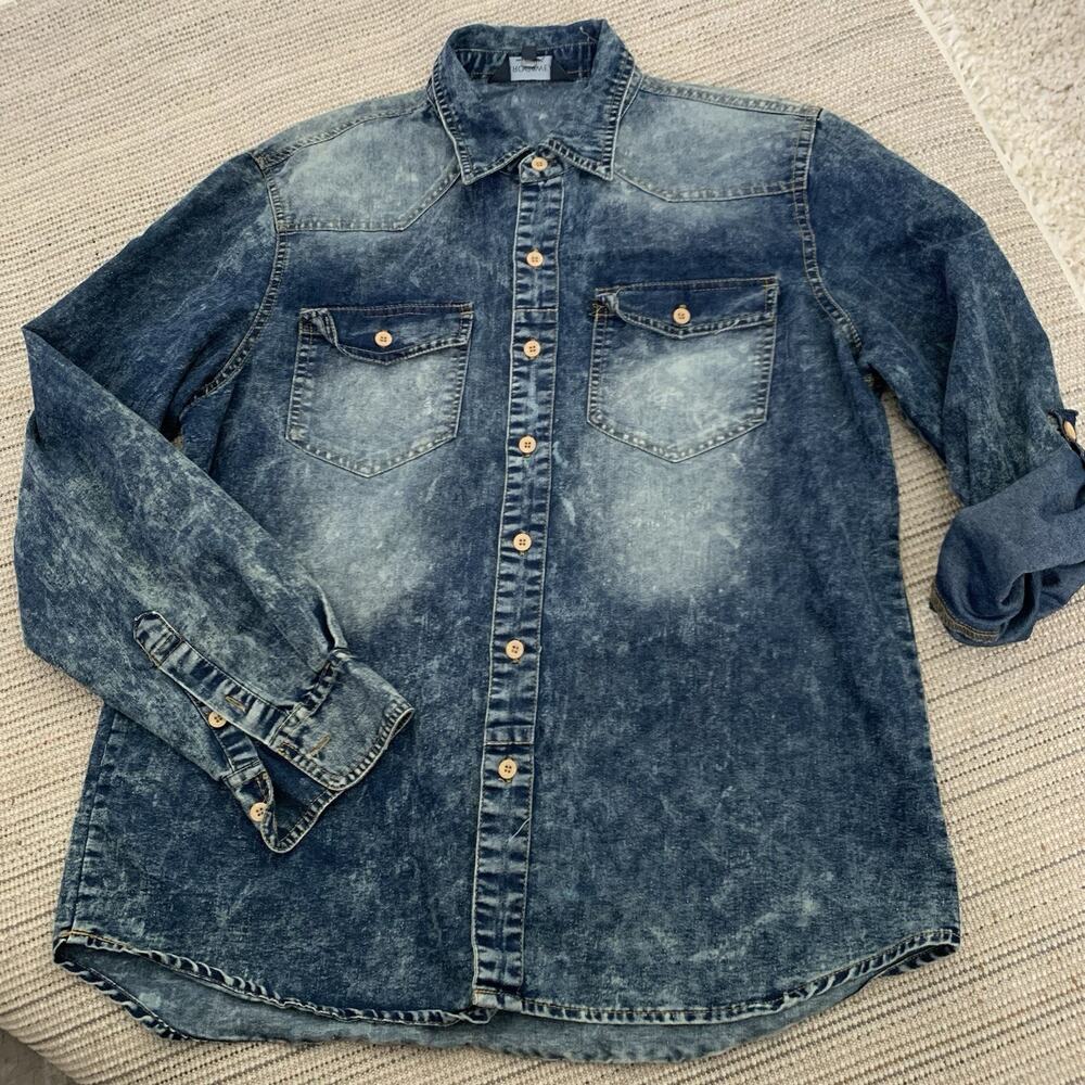 Rocawear Shirt Mens XL Blue Acid Wash Denim Button Up Grunge 90s Vintage Y2K